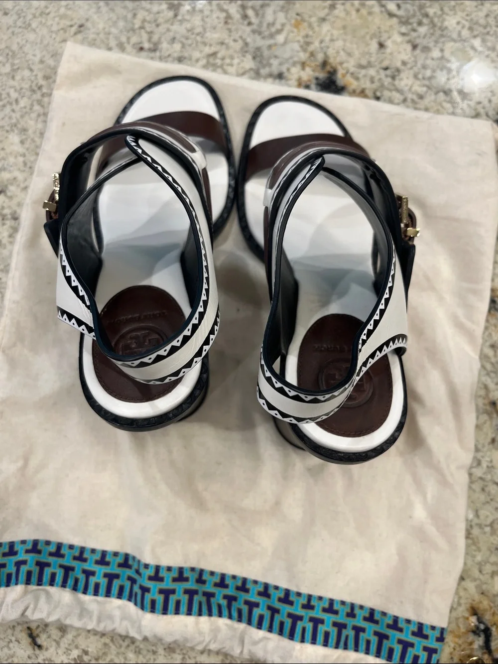 Tory Burch White & Brown Strappy Block Heel Sandals with Black Trim